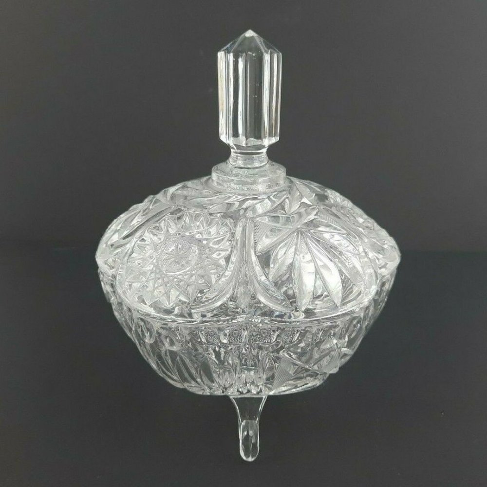 ORNATE CLEAR CUT CRYSTAL LIDDED 3 FOOTED BON BON SWEET DISH 6"